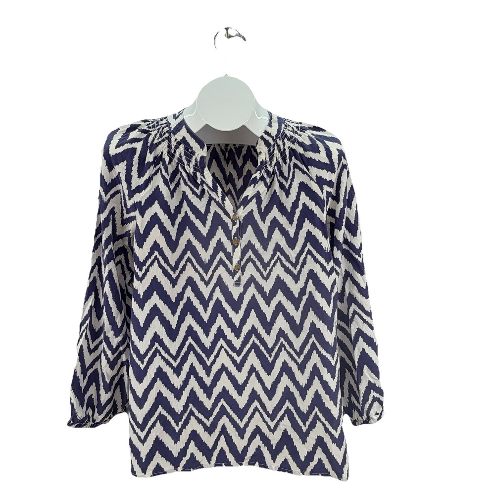 Lilly Pulitzer Blue And White Print Long Sleeve Silk  Blouse S